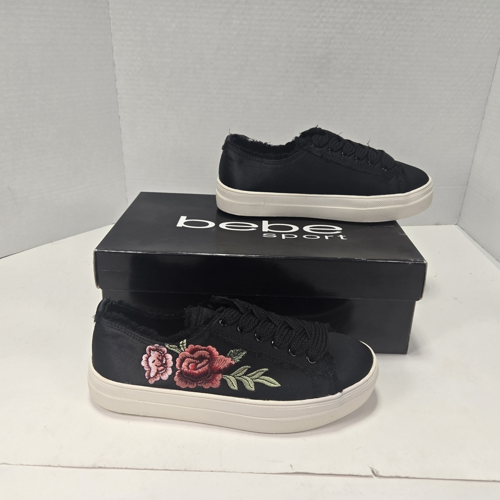 bebe Sport Valle Black Sneakers with Red Floral Embroidery Women's Size 6 - Picture 4 of 15